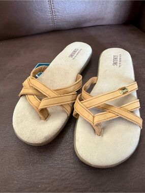 VTG GH Bass Sunjuns SHARON Flat Strappy Sandals TAN-BROWN LEATHER FLIPFLOPS 7.5